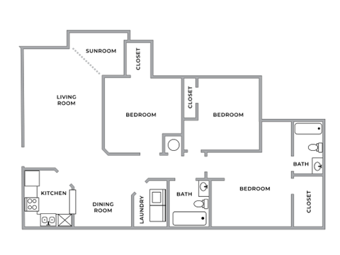 Floor plan for 3 beds, 2 baths, 1225 sqft